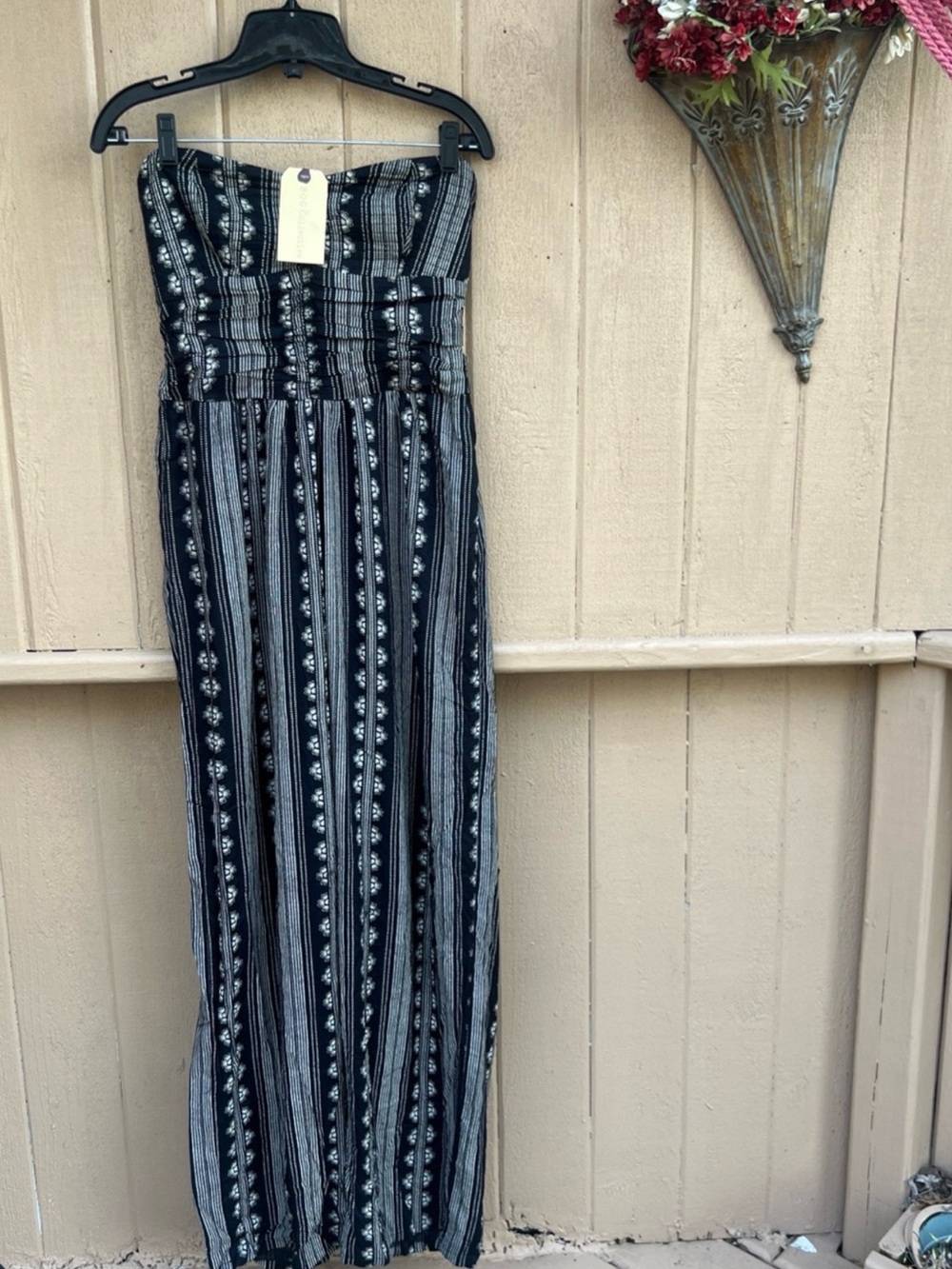 NWT BAND OF GYPSIES Bohemian Black Tan Striped Floral STRAPLESS Jumpsuit Sz L